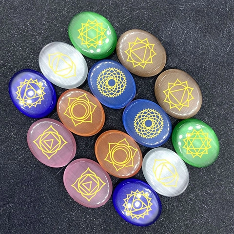 Natural Stone Cat Eye Stone Beads Engraved Gold Chakra Symbols Oval Cabochons For Meditation Healing Jewelry Making Necklace Accessories