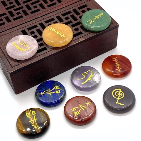 Natural Stone Reiki Healing Energy Crystals Engraved Symbols Flat Round Polished Palm Stones Meditation Spiritual Decor