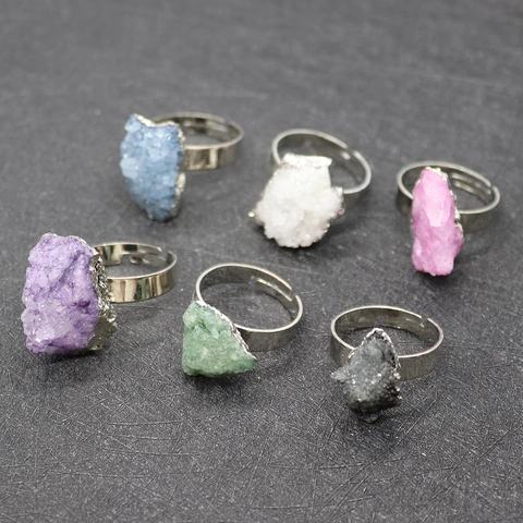 Vintage Natural Stone Crystal Adjustable Ring Irregular Raw Druzy Quartz Rimmed Band For Women Men Bohemian Jewelry Gift