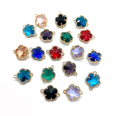 Crystal Flower Clover Charm Pendant Double Ring Connector Gold Plated Alloy Beaded Edge For DIY Jewelry Making Accessories