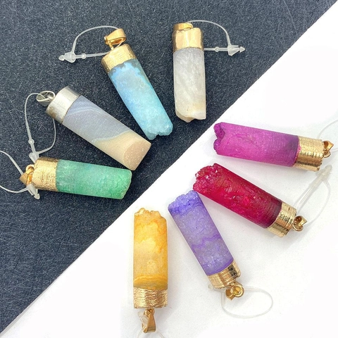 Natural Stone Crystal Pointed Pendant Cylindrical Pillar Alloy Capped For DIY Jewelry Making Accessory Pendant Only (Without Chain)