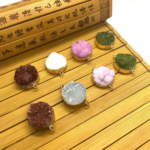 Natuursteen Druzy Ronde Connector Hangers Met Vergulde Rand Gepolijste Kristallen Bedeltjes Voor DIY Ketting Maken 21x29mm