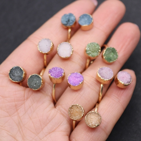 Bague Ouverte en Pierre de Cristal Naturel pour Femmes Réglable Alliage Plaqué Or Double Rond Druzy Quartz Bijoux Mode
