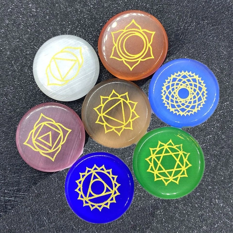 Natural Stone Chakra Energy Beads Engraved Symbols Polished Round Healing Stones For Meditation DIY Jewelry Making Amethyst Jasper Set