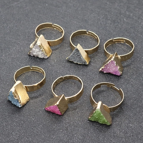 Vintage Alloy Triangle Natural Druzy Crystal Adjustable Ring For Women Bohemia Wrapped Edge Stone Geometric Jewelry Fashion Ring