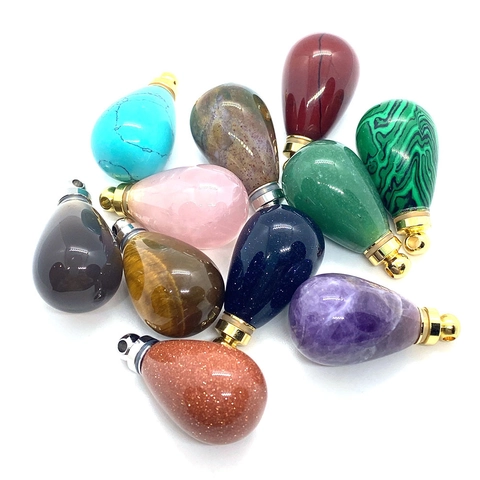 Natural Stone Teardrop Pendant With Stainless Steel Screw Cap For Perfume Essential Oil Diffuser Memorial Urn DIY Jewelry Making Accessory