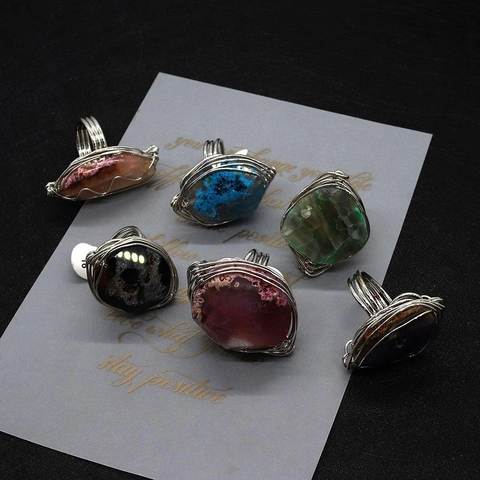 Bohemian Irregular Natural Agate Wire Wrapped Ring For Women Men Handmade Vintage Large Statement Finger Ring Jewelry