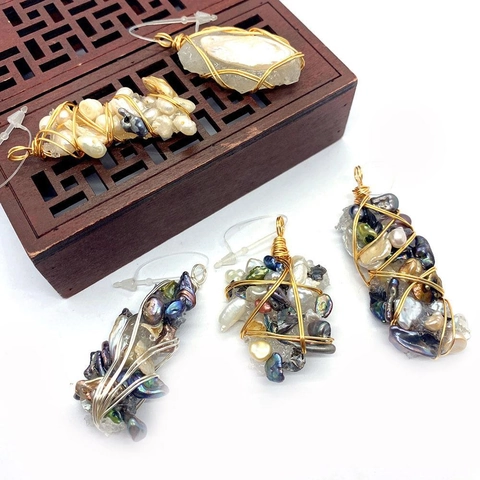 Handmade Artificial Baroque Pearl Natural Stone Wire Wrapped Pendant Irregular Crystal Charms For DIY Jewelry Making Women Vintage Boho Jewelry Pendant Only