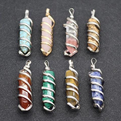Pendentif Pilier Hexagonal en Pierre Naturelle Enroulé de Fil Cristal pour Fabrication de Bijoux DIY Femmes Pendentif Uniquement