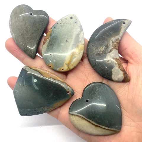 Natural Gray Green Agate Stone Pendant Set Moon Heart Water Drop Shape Drilled Polished Jewelry Making DIY Accessories