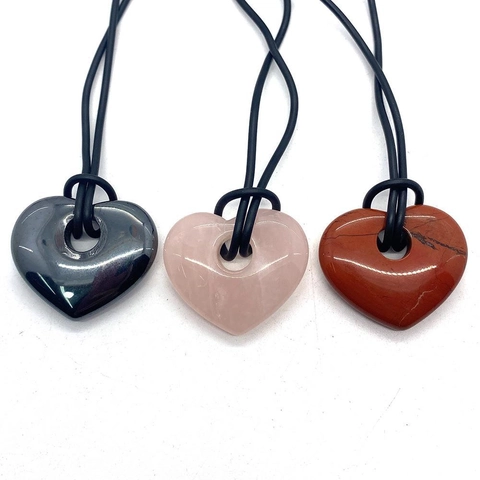 Natuursteen Hart Hanger Halsketting Hematiet Rozenkwarts Rode Jaspis Groot Gat Kraal Zwart Koord Retro Sieraden Vrouwen Mannen