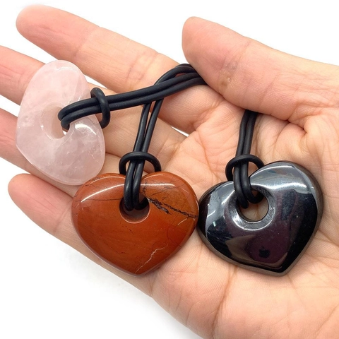 Natuursteen Hart Hanger Halsketting Hematiet Rozenkwarts Rode Jaspis Groot Gat Kraal Zwart Koord Retro Sieraden Vrouwen Mannen