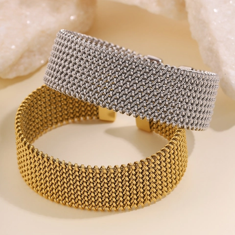 Bracciale Rigido Intrecciato a Rete in Acciaio al Titanio Placcato Oro Argento Aperto Lusso Leggero Gioielli di Moda per Donna Uomo