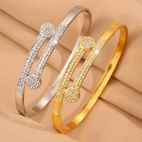 Titanium Steel Bangle For Women Double Row Rhinestone Round Disk Bracelet Waterproof Non-fading Fashion Jewelry Gift Gold Silver