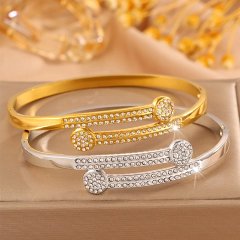 Titanium Steel Bangle For Women Double Row Rhinestone Round Disk Bracelet Waterproof Non-fading Fashion Jewelry Gift Gold Silver