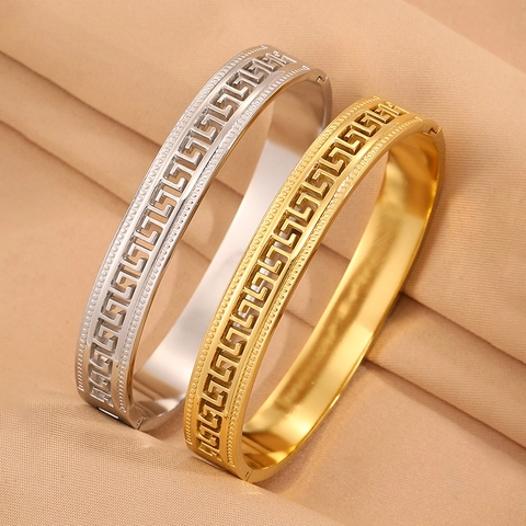 Stainless Steel Hollow Greek Key Meander Bangle For Women Couples Vintage Titanium Steel Fashion Jewelry Gold Silver Tone