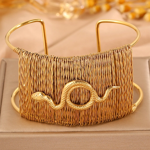 Bracelet Manchette Ouverte en Acier au Titane pour Femme Bracelet Ethnique en Maille Tissée Avec Serpent Cœur Coquille Soleil Tête de Lion Bijoux