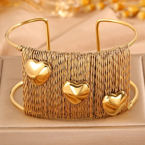 Bracelet Manchette Ouverte en Acier au Titane pour Femme Bracelet Ethnique en Maille Tissée Avec Serpent Cœur Coquille Soleil Tête de Lion Bijoux
