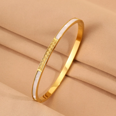 Luxury Stainless Steel Meander Pattern Bangle For Women Gold Shell Inlay Greek Key Geometric Bracelet Fashion Jewelry Gift