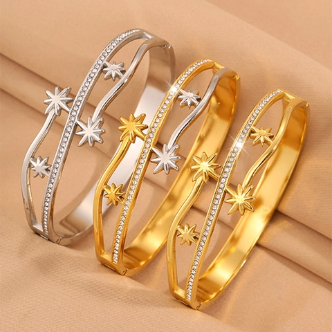 Bracelet Jonc en Acier Inoxydable Étoile à Huit Branches et Trèfle Zirconium Incrusté Double Couche Bijoux Mode Femme