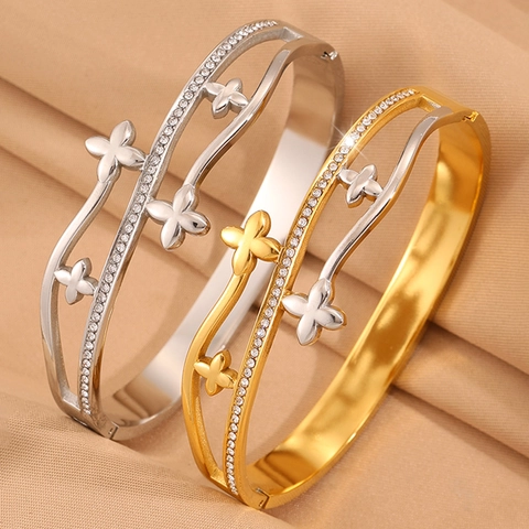 Bracelet Jonc en Acier Inoxydable Étoile à Huit Branches et Trèfle Zirconium Incrusté Double Couche Bijoux Mode Femme