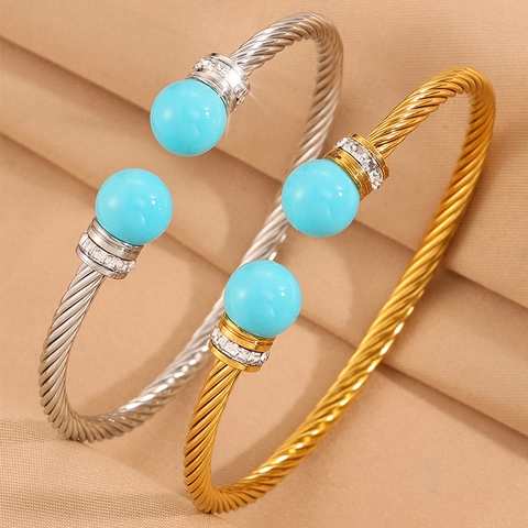 Bracelet Jonc Ouvert en Acier Inoxydable Câble Torsadé pour Femme Fausse Künstliche Perle Turquoise Strass Incrusté Bijoux Cadeau