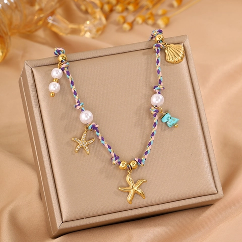 Collier en Corde Tressée Colorée Bohème pour Femmes Été Plage Coquillage Pendentif Étoile de Mer Bijoux en Acier Inoxydable Accessoires