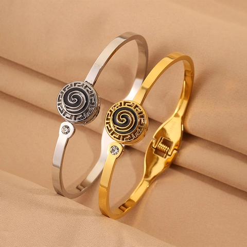 Bracelet Jonc en Acier Inoxydable Méandre Grec Spirale Émail Géométrique Avec Zirconium Or Argent Bijoux pour Homme Femme