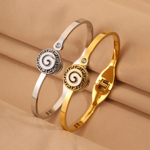 Bracelet Jonc en Acier Inoxydable Méandre Grec Spirale Émail Géométrique Avec Zirconium Or Argent Bijoux pour Homme Femme