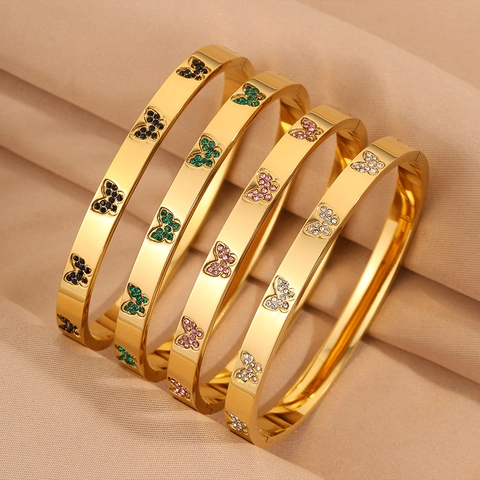 Bracelet Jonc Papillon Élégant en Acier Inoxydable pour Femme Plaqué Or Incrusté de Strass Bracelet Ovale à Charnière Mode