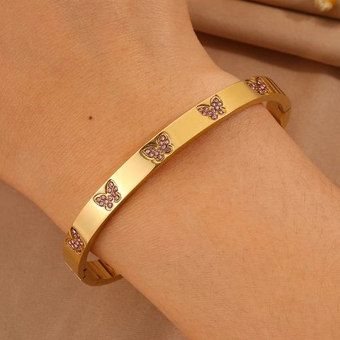Bracelet Jonc Papillon Élégant en Acier Inoxydable pour Femme Plaqué Or Incrusté de Strass Bracelet Ovale à Charnière Mode