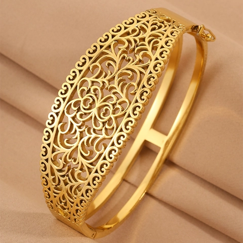 Bracciale Rigido Vintage in Acciaio Inossidabile con Motivo a Cuore per Donna Oro Argento Placcato Strass Filigrana Gioielli
