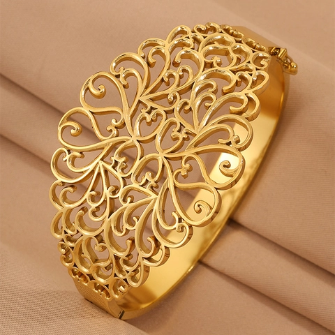 Bracciale Rigido Vintage in Acciaio Inossidabile con Motivo a Cuore per Donna Oro Argento Placcato Strass Filigrana Gioielli