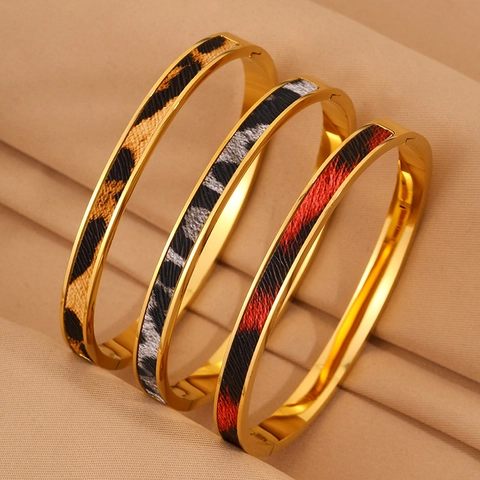Brazalete de Acero Inoxidable con Estampado de Leopardo Chapado en Oro Patrón Animal Pulsera Joyería Vintage para Mujer