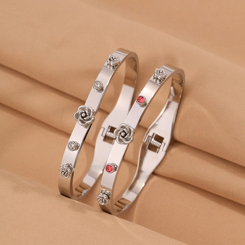 Bracelet Jonc en Acier Inoxydable Arbre de Vie Fleur de Rose pour Femmes Luxe Strass Incrusté Bijoux de Mode Cadeau