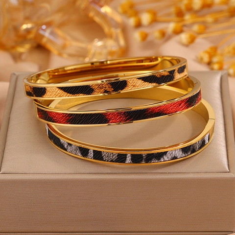 Brazalete de Acero Inoxidable con Estampado de Leopardo Chapado en Oro Patrón Animal Pulsera Joyería Vintage para Mujer