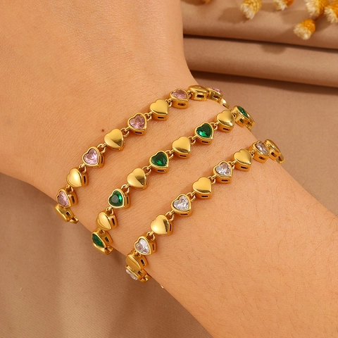 Bracelet à Maillons en Acier Inoxydable Plaqué Or avec Cœur et Zirconium pour Femme Bijoux en Cristal Multicolore