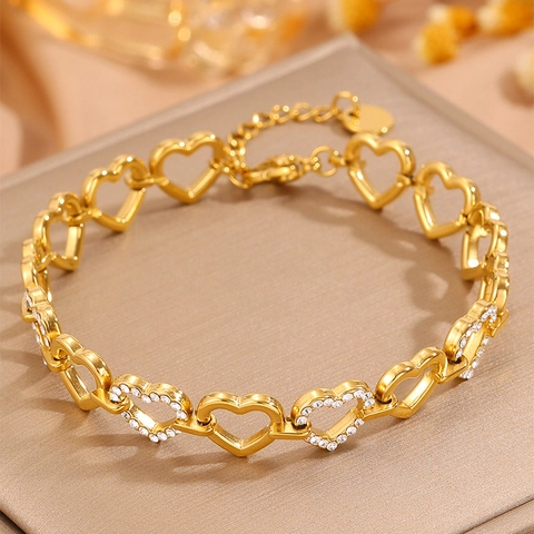 Bracelet à Maillons en Acier Inoxydable Plaqué Or Avec Strass pour Femme Bijoux Géométriques Cœur Oval Ajustable Cadeau Luxe