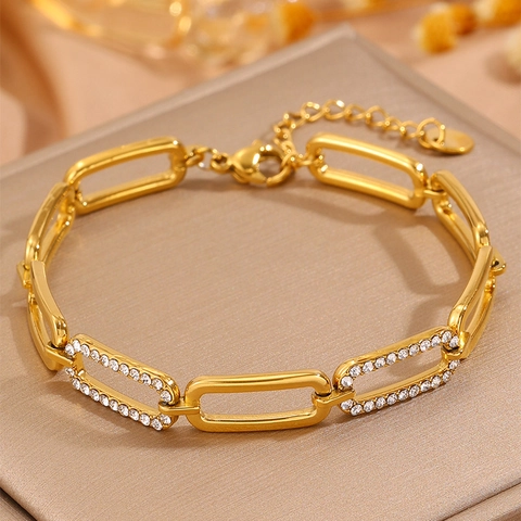 Bracelet à Maillons en Acier Inoxydable Plaqué Or Avec Strass pour Femme Bijoux Géométriques Cœur Oval Ajustable Cadeau Luxe