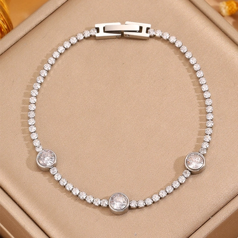 Bracelet de Tennis en Acier Titane Mode Européenne et Américaine pour Femmes Rond Carré Incrusté de Strass Or Argent Bijoux