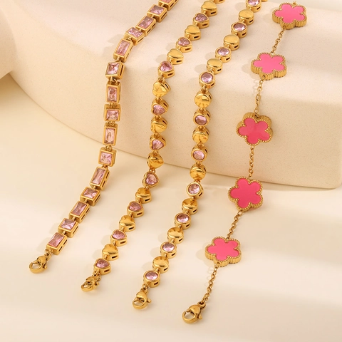 Fashion Stainless Steel Zirconia Heart Flower Butterfly Charm Bracelets Collection Gold Plated Enamel Jewelry For Women Gift