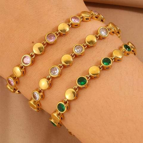 Bracelet en Acier Inoxydable Strass en Forme de Cœur pour Femmes Chaîne à Maillons en Cristal Coloré Plqué Or Bijoux