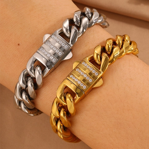 Bracelet Chaîne Cubaine en Acier Inoxydable pour Hommes Femmes Hip Hop Fermoir en Zircone Bijoux de Mode