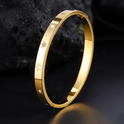 Brazalete de Estrella de Acero de Titanio para Mujer Brazalete de Acero Inoxidable con Incrustaciones de Strass de Lujo Oro Plata Pentagrama Joyería