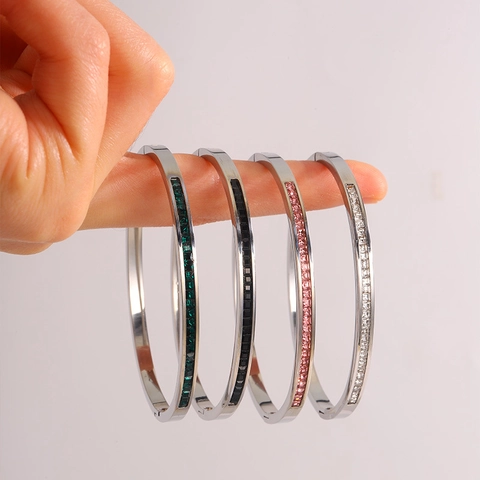 Élégant Bracelet Jonc en Acier Inoxydable à Rangée Unique de Strass pour Femme Plaqué Or Argent Pavé de Pierres Carrées Bijoux