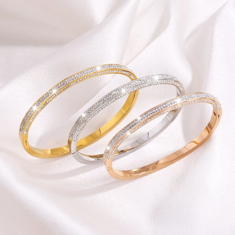 Fashion Stainless Steel Full Rhinestone Bangle Bracelet For Women High End Minimalist Gold Silver Rose Gold Plated Inlaid Jewelry Gift
