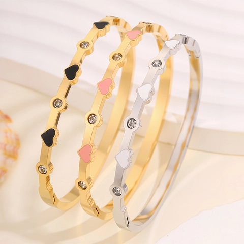 Bracciale Rigido di Moda in Acciaio Inossidabile con Cuore in Smalto per Donna Placcato Oro Argento Strass Gioielli