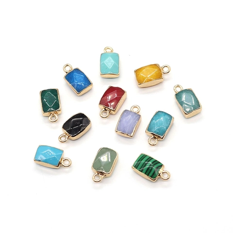 Natural Stone Rectangle Faceted Pendant Gold Plated Frame Malachite Turquoise Charms For DIY Jewelry Making Pendant Only