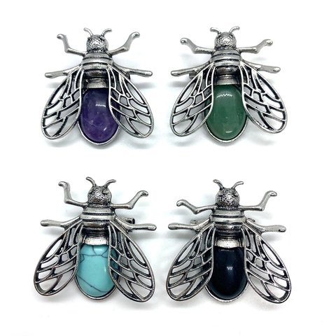 Vintage Alloy Natural Stone Bee Pendant For DIY Necklace Making Amethyst Rose Quartz Lapis Lazuli Green Aventurine Insect Jewelry Accessory