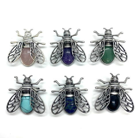 Vintage Alloy Natural Stone Bee Pendant For DIY Necklace Making Amethyst Rose Quartz Lapis Lazuli Green Aventurine Insect Jewelry Accessory